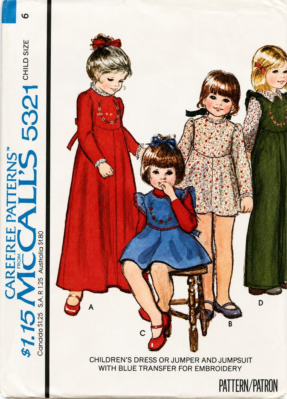 1976 Vintage MCCALL'S 5321 Children's Dress Jumper Jumpsuit Transfer Size 6X UC